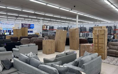 Very busy weekend. New furniture waiting to be put on Dreamers Outlet’s floor